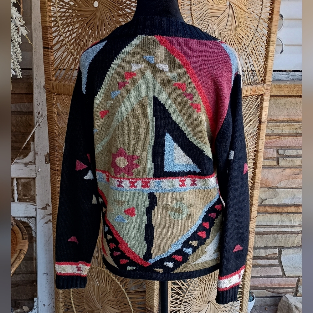 Vintage Coldwater Creek Geometric Patterned Sweater - Black, Red, Green_S - Picture 2 of 6